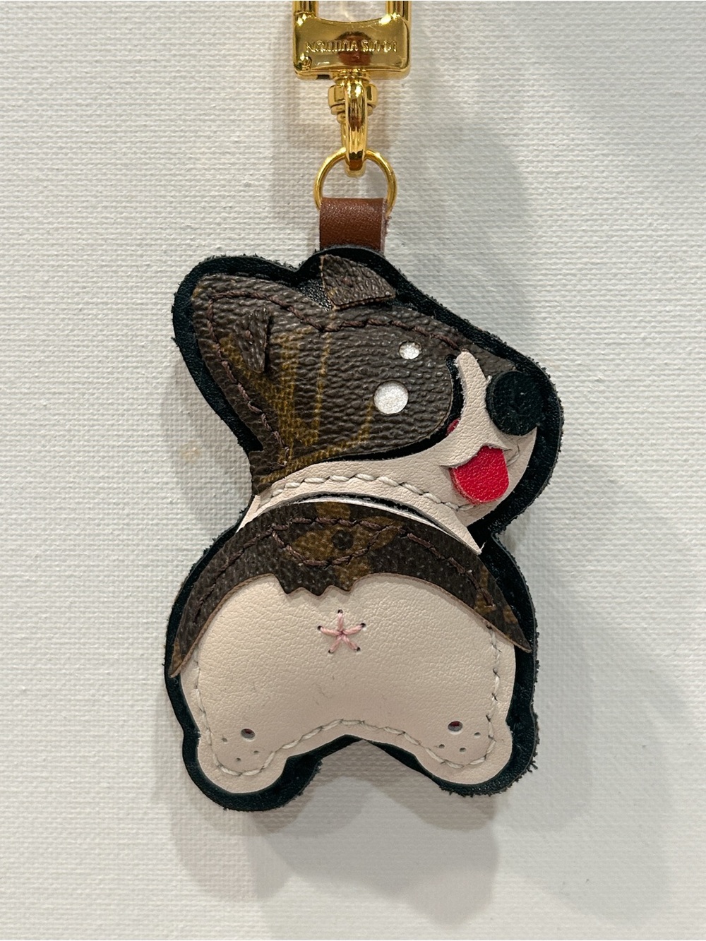 Upcycled LV Corgi Dog Bag Charm Key Chain with Gold Clasp